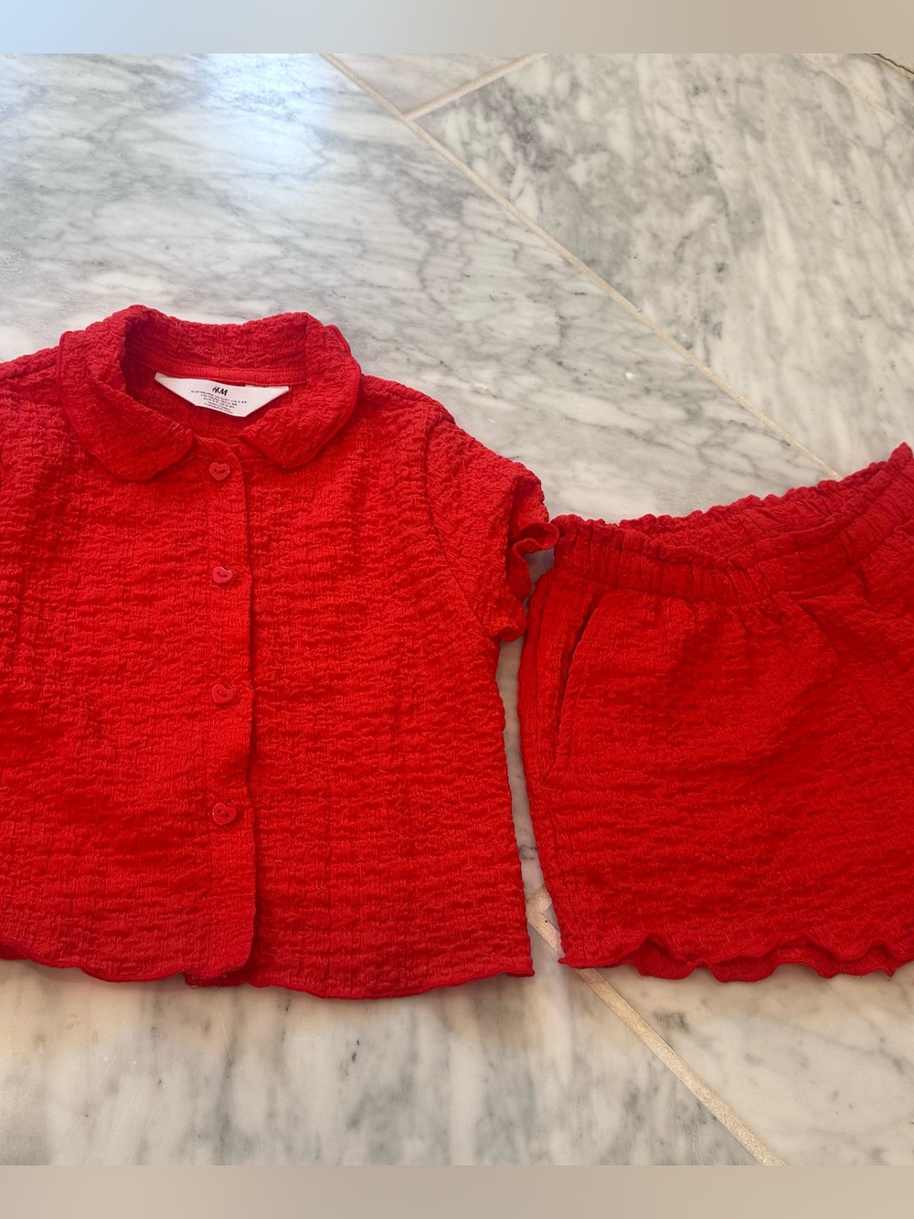 H&M Bright Red Textured Two-Piece Set with Heart Buttons